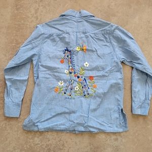 Vintage Helen Cerda hand embroidered Mexican Mexico giraffe chambray shirt top